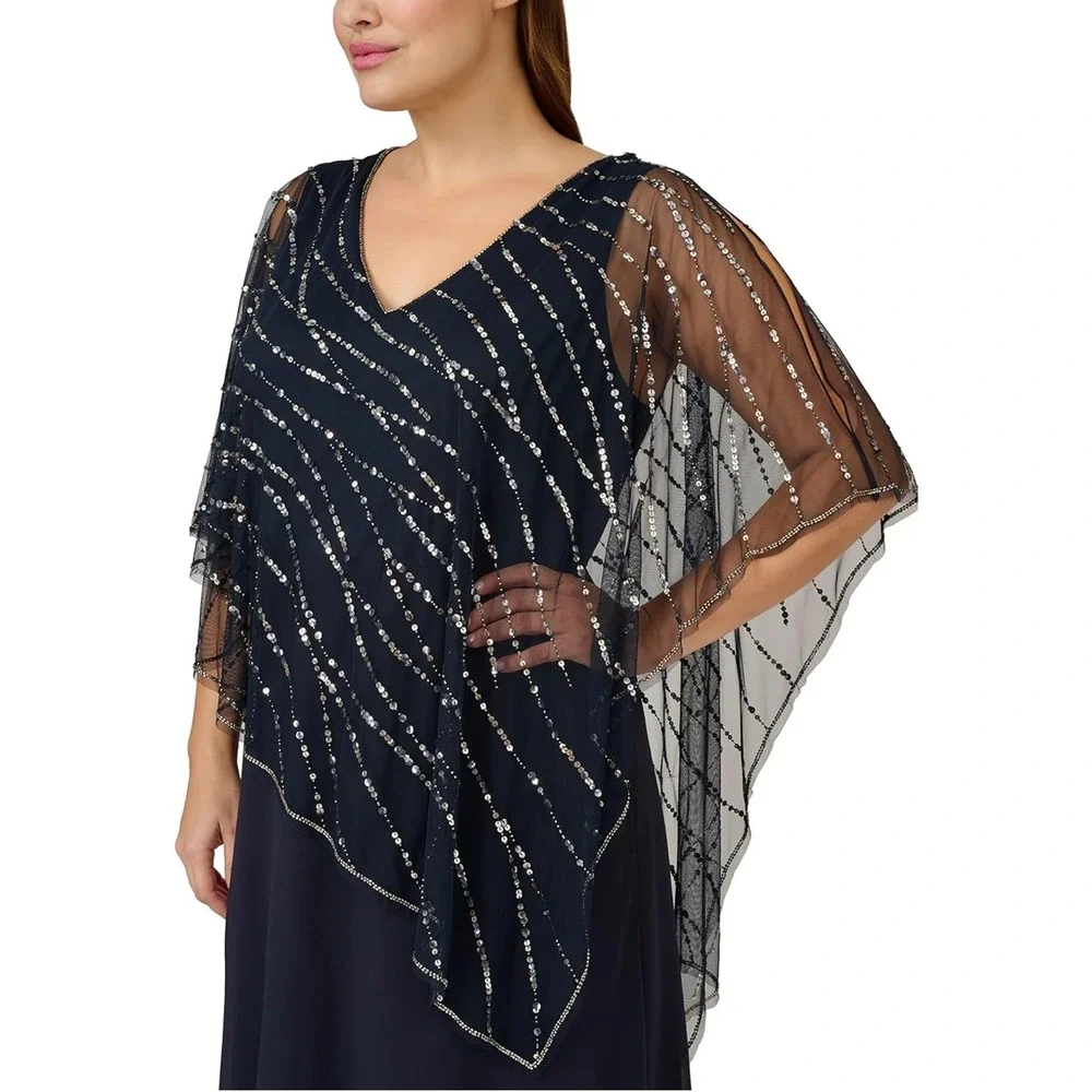 Adrianna‎ Papell Midnight Navy Sequin Beaded Popover Midi Dress 18W NWT